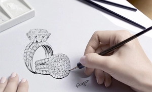Croquis détaillé de bijoux montrant des alliances émeraude avec sertis de diamants