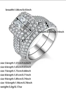 Detailed size chart for luxury bridal ring set with dimensions in inches and centimeters