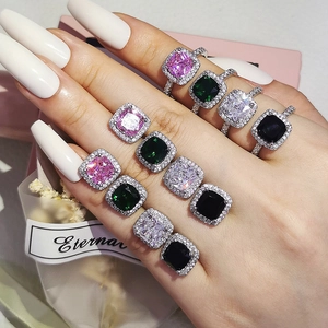 Copper Square Cushion Cut Halo Rhinestone Earrings And Ring For Women Wedding Party Luxury Fashion Jewelry