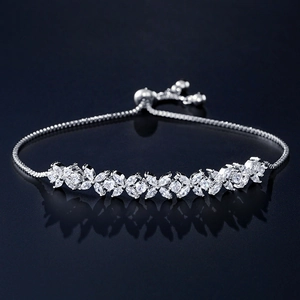Adjustable silver bracelet with floral clusters of marquise and round-cut cubic zirconia