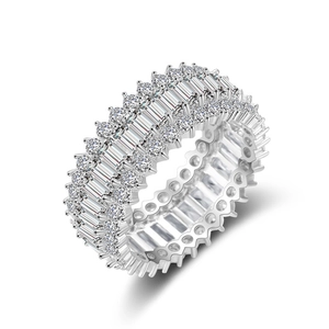 Luxury three-row eternity ring with baguette and round-cut cubic zirconia in white gold