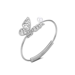 Silver butterfly open bracelet with pavé cubic zirconia and white pearl detail