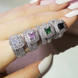 Luxurious Copper Rhinestone Wedding Ring Set For Women Princess Cut Square Stone Halo Pave Band Geometric Finger Jewelry