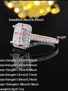 Detailed size chart for the rectangular cubic zirconia ring with dimensions in inches