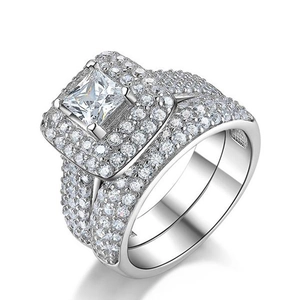 Luxury princess cut halo engagement ring set with three-row pave diamond band