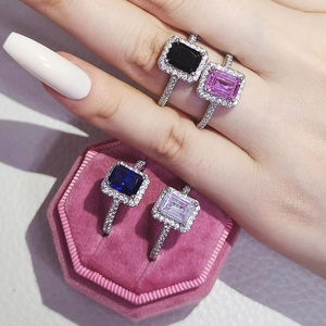 Emerald Cut Copper Zirconia Halo Ring For Women Luxury Rectangle Gemstone Engagement Wedding Party Fashion Jewelry Finger Ring
