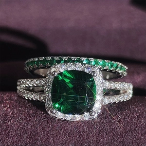 Joyería de Lujo Zirconia Corte Cojín Anillo Halo de Cobre y Pendientes para Mujer Boda Compromiso Accesorio Moda