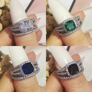 Anillos halo de lujo con circonitas cuadradas en cuatro colores y talla de cojín fina