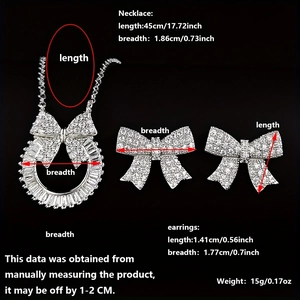 Detail view of silver bow jewelry set with zircon dimensions and weight specs