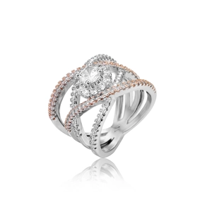 Anello elegante in oro rosa e argento con scintillante pietra centrale a cerchio