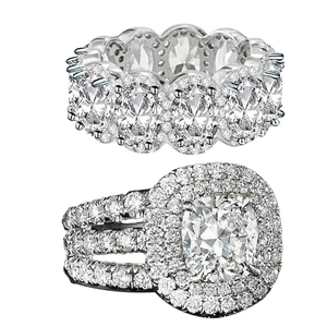 Ensemble de bagues de mariage luxe avec pierres ovales et coussin avec double halo pavé