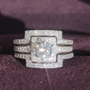 Juego de Anillos de Novia Halo Cuadrado de Lujo Alianzas de Boda Para Mujer Cobre Zirconia Plateado Joyería de Dedo