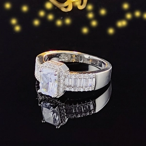 Luxurious S925 sterling silver ring with large emerald-cut zircon on black mirror