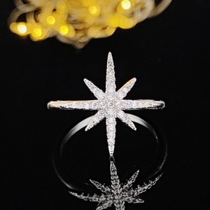 Macro detail of silver octagonal star ring with micro-paved sparkling cubic zirconia
