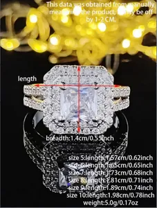 Detailed size chart for princess cut double halo square ring showing sizes 5 to 10 in mm