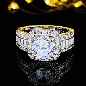 Luxurious round-cut zircon cocktail ring with multi-row pavé T-square engagement stones