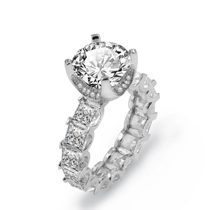 Bague de mariage de luxe en argent avec solitaire rond et anneau d'éternité pavé
