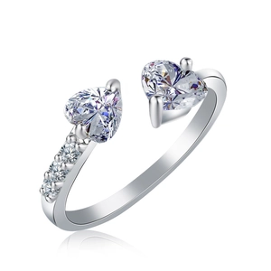 Silver open heart ring with double crystal hearts and adjustable band on white background