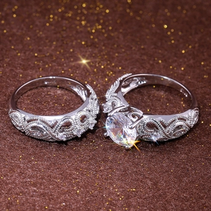 Juego de Anillos de Cobre Calados Vintage para Mujer Chapado en Plata Diamantes de Imitación Alianza de Boda Joyería Geométrica Retro Regalo