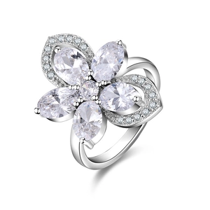 Elegant floral ring with water drop zircon petals and polished silver metal frame
