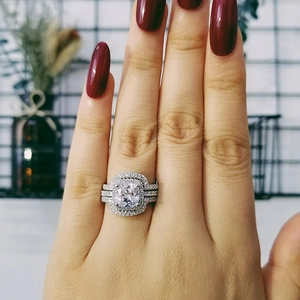Luxury silver tone 3-in-1 wedding ring set with cushion cut halo cubic zirconia