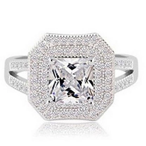 Luxury silver square princess cut diamond ring with halo setting and split shank design