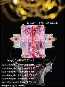 Detailed size chart for pink crystal 18K gold ring featuring stone and band dimensions
