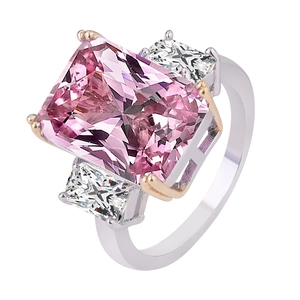Luxury 18K gold plated ring with large rectangular pink crystal and side stones
