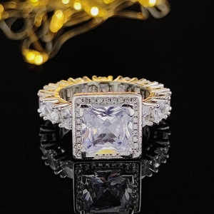 Elegant silver square cz ring featuring a princess cut halo and full eternity diamond band