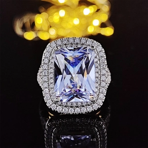 Luxurious rectangular halo ring with sparkling zircon and double diamond border