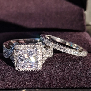 Luxus Kupfer Strass Prinzessschliff Quadratisch Halo Verlobungsring Hochzeitsring Set Für Damen Silberfarben Brautschmuck Geschenk