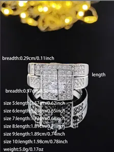 Size chart showing width, weight, and ring diameters from size 5 to 10 for engagement ring