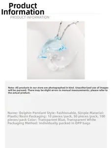 Blue and white resin dolphin charms on metal chains in clear OPP packaging
