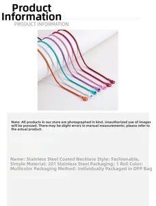 Detail view of colorful 201 stainless steel necklaces with secure lobster clasp design