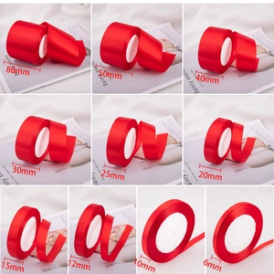 Red polyester satin ribbon set in ten widths from 6mm to 80mm for gift wrapping