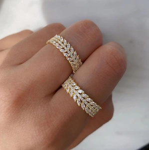 Luxury gold willow leaf open ring set with sparkling marquise cut cubic zirconia stones