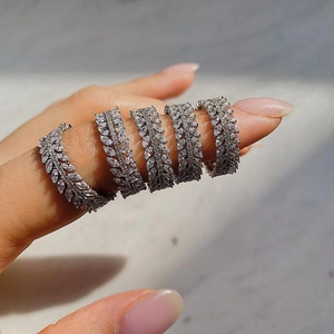 Luxurious marquise-cut leaf ring in silver finish featuring double-row crystal clusters