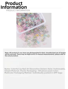 Detail showing colorful holographic lip nail art charms with individual OPP bag packaging