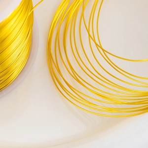 Macro shot of flexible golden jewelry copper wire coiled on a white plastic spool