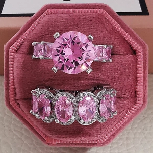 Ensemble de Bagues de Fiançailles de Luxe en Cuivre avec Strass pour Femmes 2 Pièces Rond Ovale Pavé Bijoux de Mariage