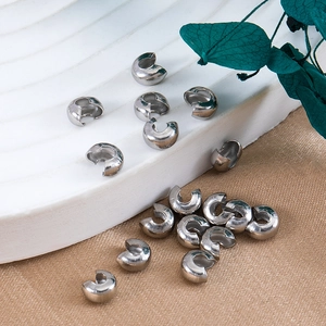 Silver 4mm crimp bead covers in U-shape for DIY jewelry making and bracelet finishing