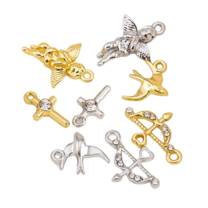 DIY jewelry pendants featuring Cupid arrows, crosses, angels, and birds in gold and silver