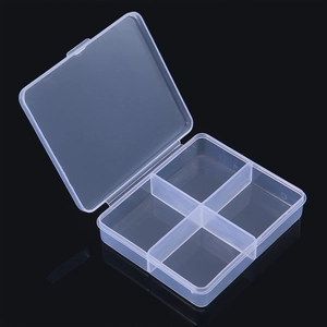 Detail view of transparent 4-grid PP plastic storage box with secure snap-lock lid