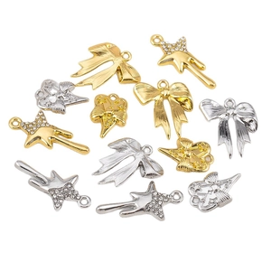 Breloques DIY étoile cœur nœud en métal doré et argenté avec strass brillants pour bijoux