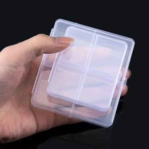 Detailed view of clear PP plastic organizer boxes with 4 compartments for small parts