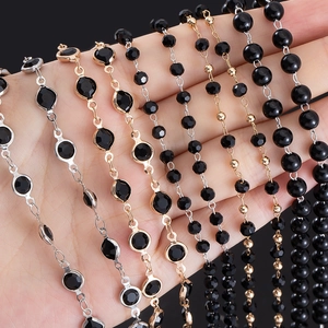 Black round beads and faceted crystal chain jewelry accessories in gold and silver finish