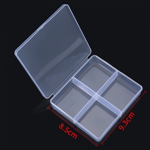 Detailed view of clear 4-compartment PP plastic storage box with size 8.5x9.3cm