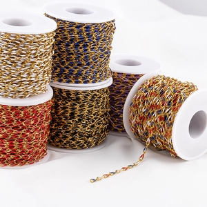 Close-up of golden stainless steel enamel twist chains in six colors on white spools