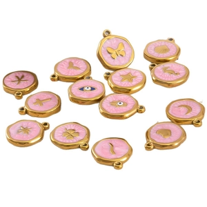 18k vergoldete Edelstahl-Anhänger mit rosa Emaille für DIY-Halsketten und Armbänder