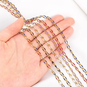 Detailed close-up of golden stainless steel chains with colorful enamel oval links